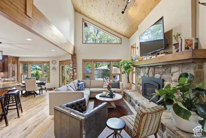Vaulted wood-paneled ceiling with exposed wood beams