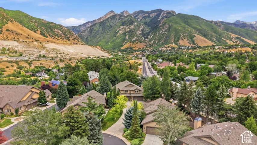 Expansive mountain landscape frames a residential area with mature trees and varied architectural styles