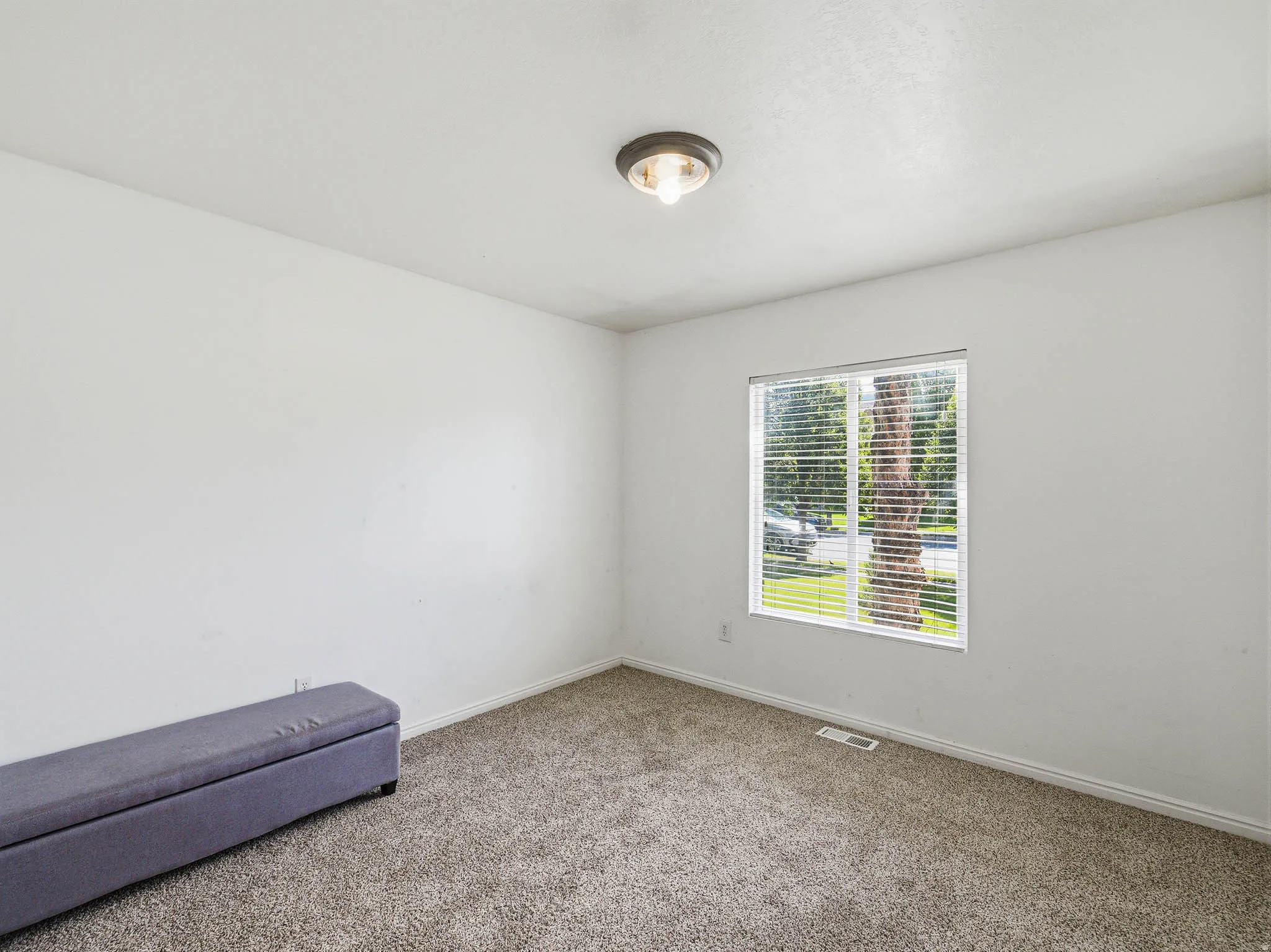 Carpeted interior space featuring white walls, white baseboards, and a single window with horizontal blinds