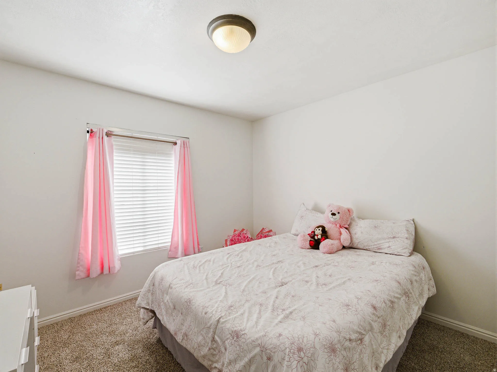 Carpeted room with a ceiling-mounted light fixture