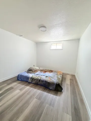 Room featuring plank wood-finish flooring, white baseboards, and bright white walls