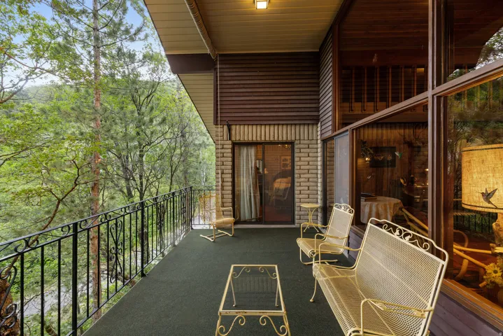 Spacious balcony featuring a dark green carpeted floor, decorative black metal railings, and natural surroundings