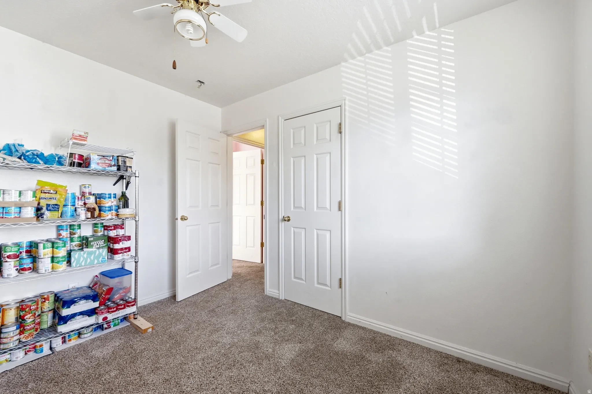 Bright interior room featuring white walls, textured carpeting, a white ceiling fan, and white paneled doors