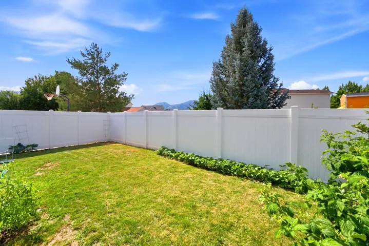 Expansive backyard featuring a green lawn, white vinyl fencing, and established perimeter plantings