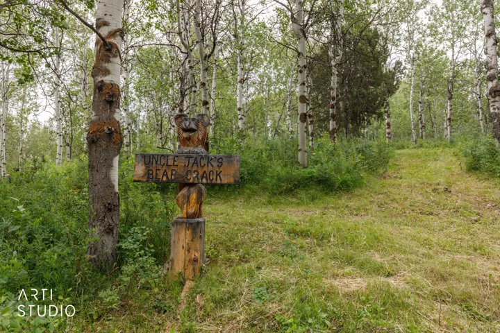 Wood-carved signpost featuring a bear motif, set against a backdrop of mature trees