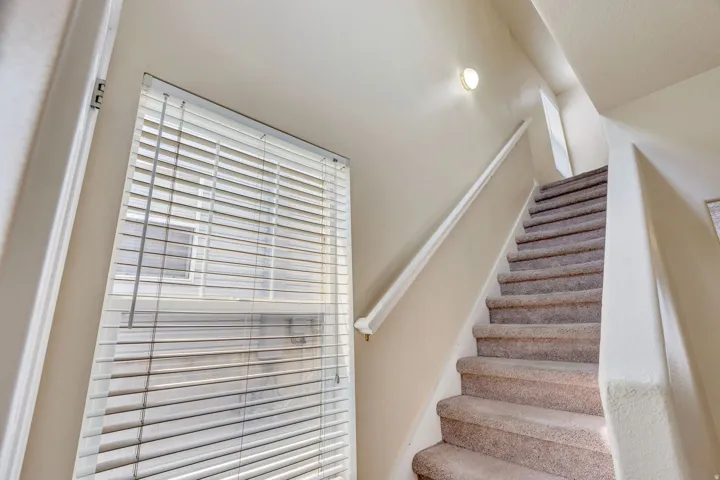 Carpeted staircase with a white handrail, illuminated by a wall-mounted light fixture