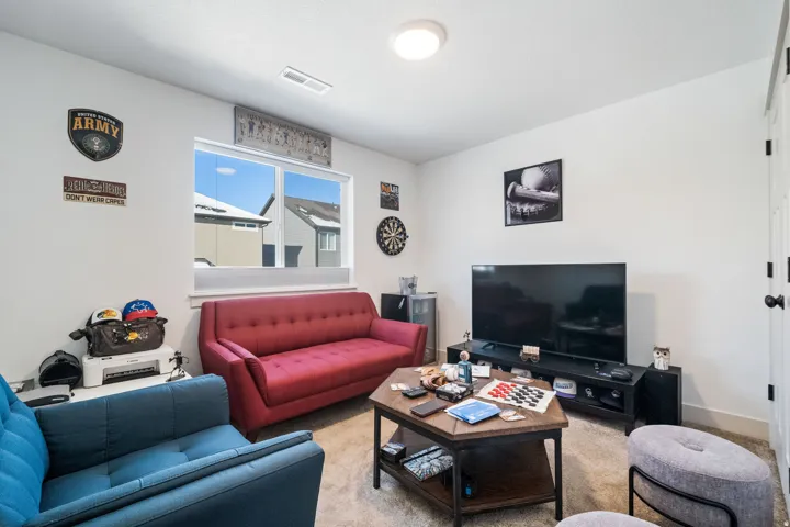 Living area featuring carpeted flooring, a window with exterior views, and a ceiling-mounted light fixture