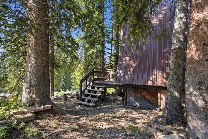 Wood-sided structure with a metal roof surrounded by mature trees, featuring an exterior wood staircase and elevated decking