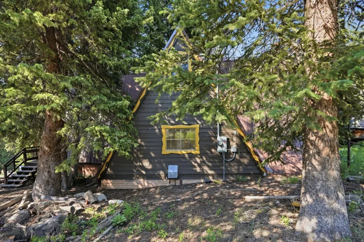A-frame style residence featuring dark siding, a corrugated metal roof, and bright yellow trim detailing