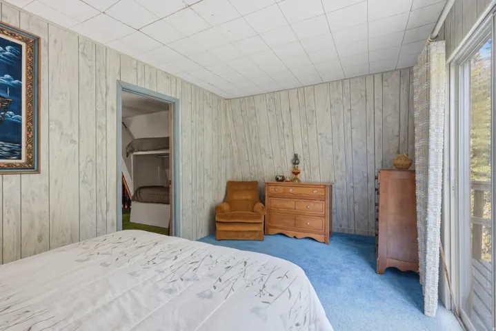 Interior room with light wood-panel walls, light blue carpet, and a white ceiling with visible grid lines