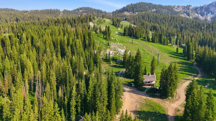 Mountain cabin featuring a wood exterior and a covered deck, surrounded by extensive evergreen forests