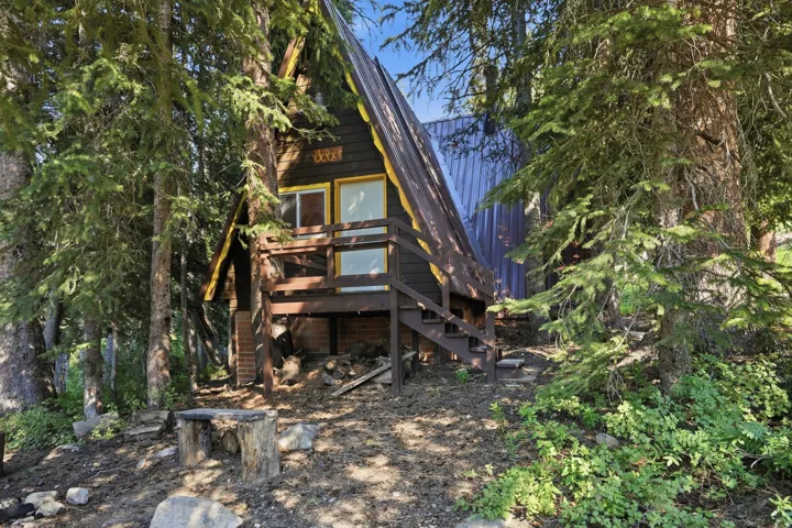 A-frame structure with a dark wood exterior, yellow trim accents, and a dark metal roof