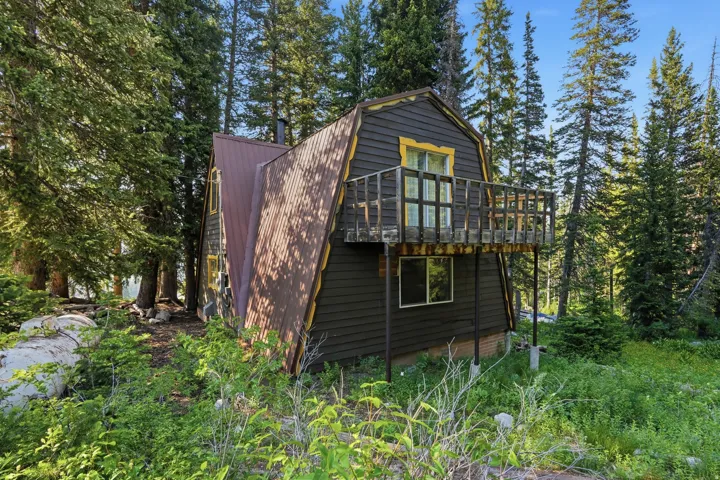A-frame structure featuring a dark siding and a brown corrugated metal roof