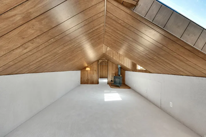 Attic space featuring wood paneling, sloped ceilings, and light-colored carpeting