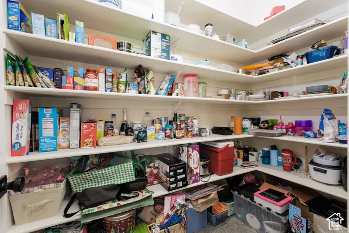 Walk-in pantry featuring extensive built-in shelving, white shelf surfaces, and white wall panels