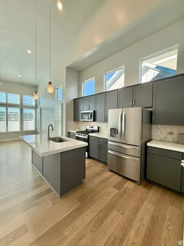 Kitchen featuring a large island with an integrated sink, stainless steel appliances, grey cabinetry, and wood-finish flooring