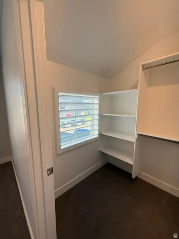 Built-in shelving, hanging rod, window with plantation shutters, and dark carpet flooring
