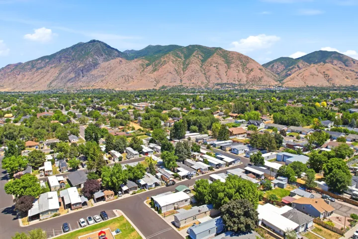 Aerial perspective showcasing a residential community with mature trees and a distant mountain backdrop