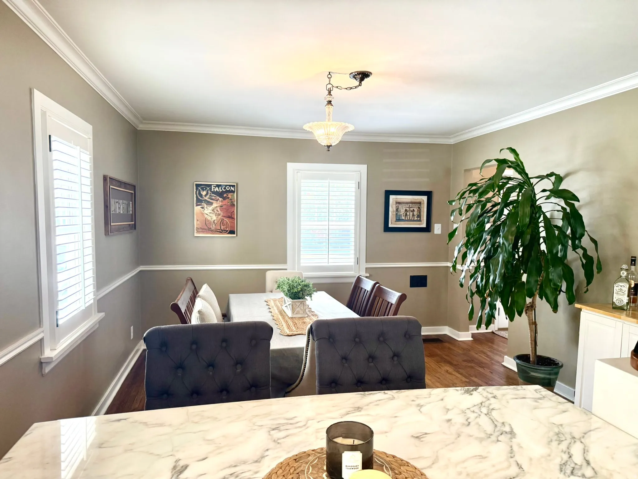 Dining area featuring crown molding, chair rail detailing, wood-finish flooring, and white plantation shutters