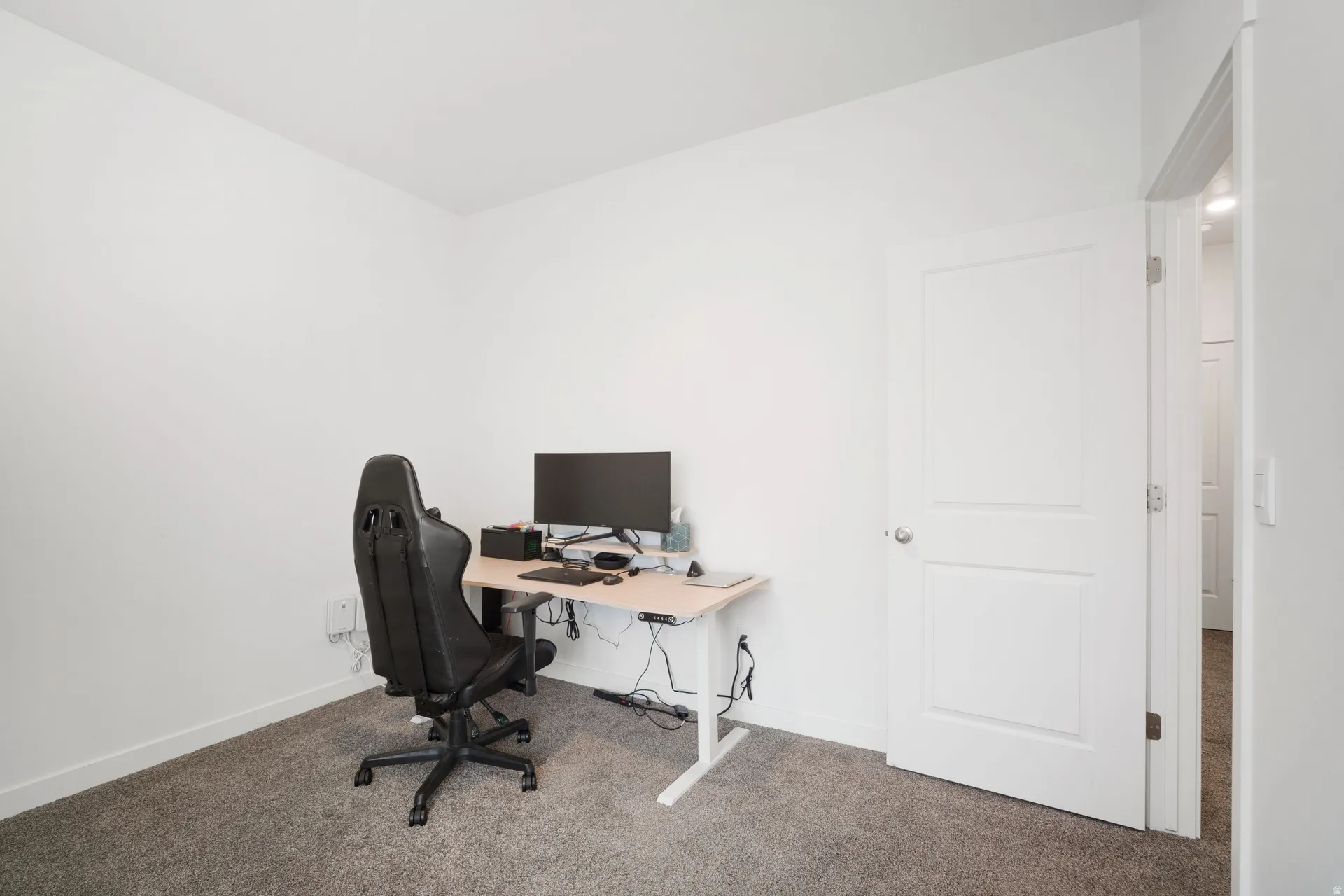 Neutral wall tones with carpeted flooring and a two-panel interior door