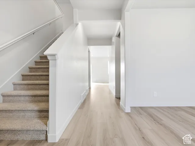 Interior hallway featuring wood-finish flooring, staircase with neutral carpeted treads, and white handrail