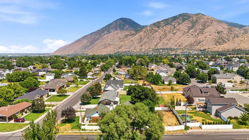Residential neighborhood with extensive mature trees and a prominent mountain backdrop