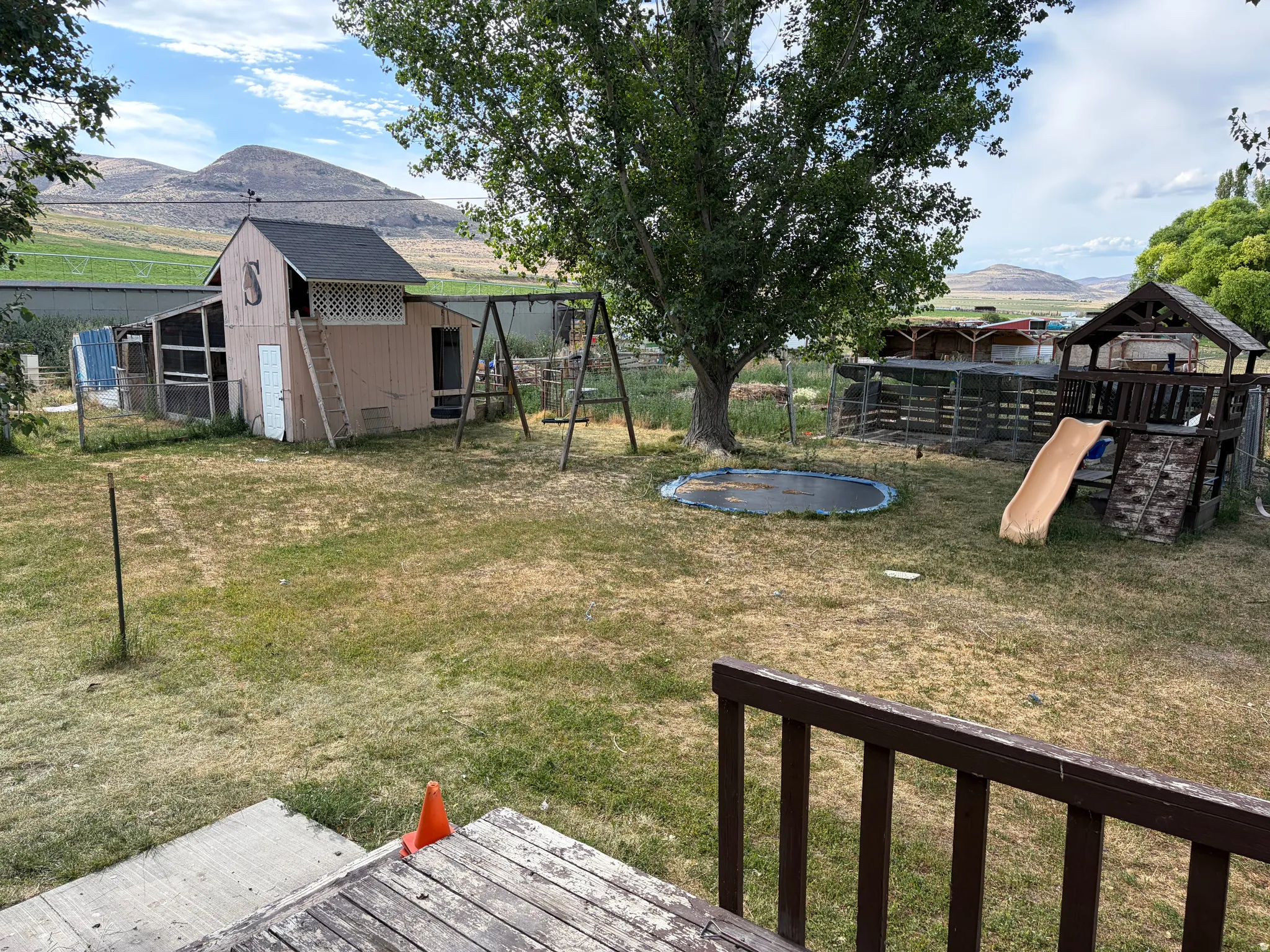 Expansive yard area featuring a detached shed, a wooden swing set, a built-in wooden play structure with a slide, and mature trees
