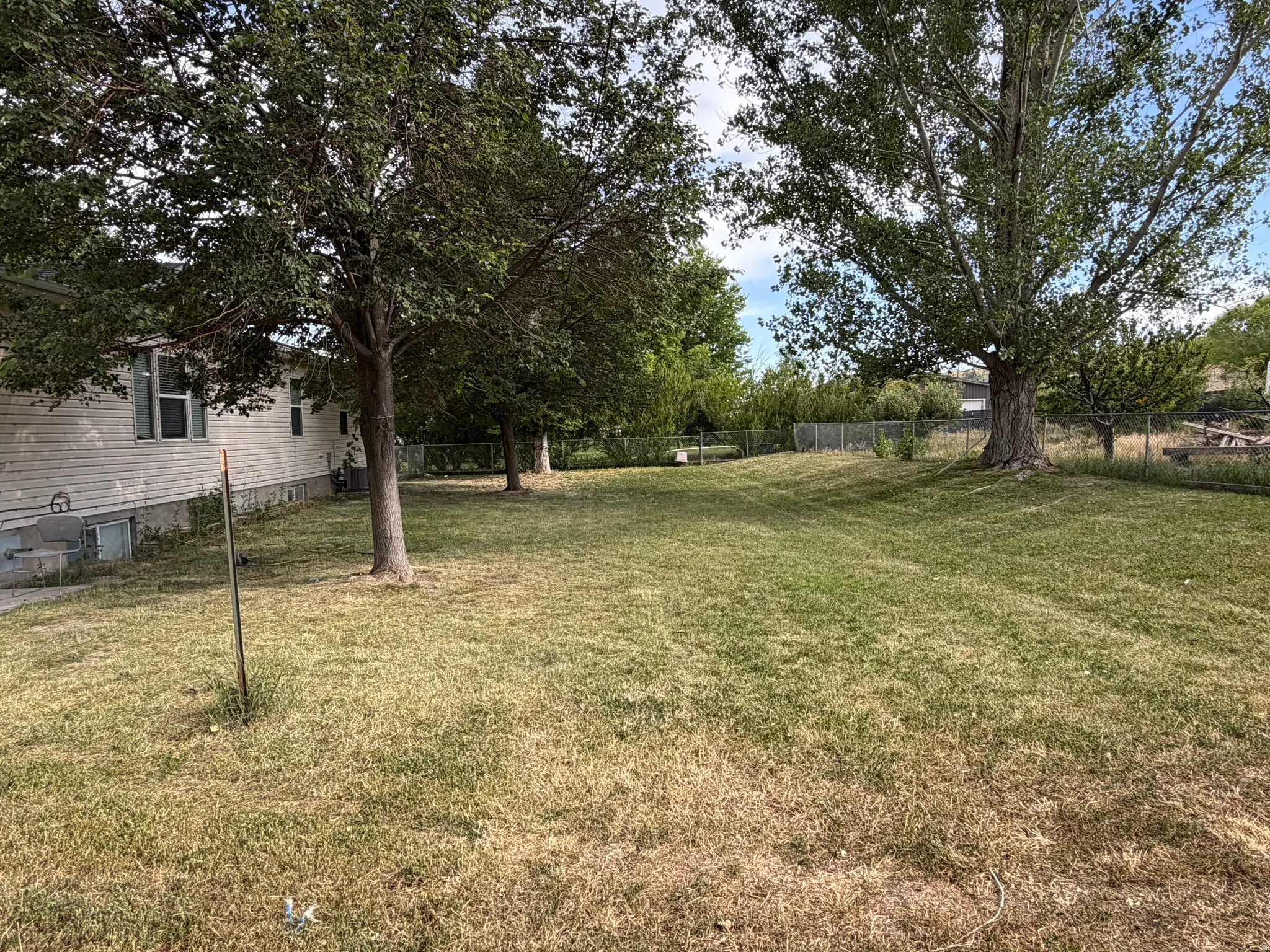 Fenced potion of the yard- Expansive rear yard featuring mature trees and a chain-link fence