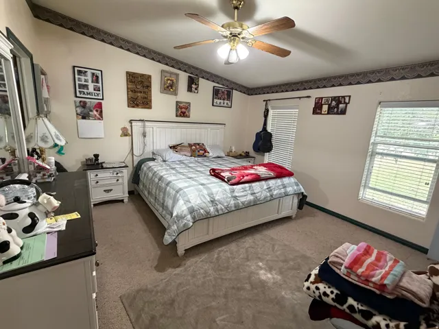 Large Master Bedroom featuring a vaulted ceiling with a ceiling fan, carpeting, and multiple windows