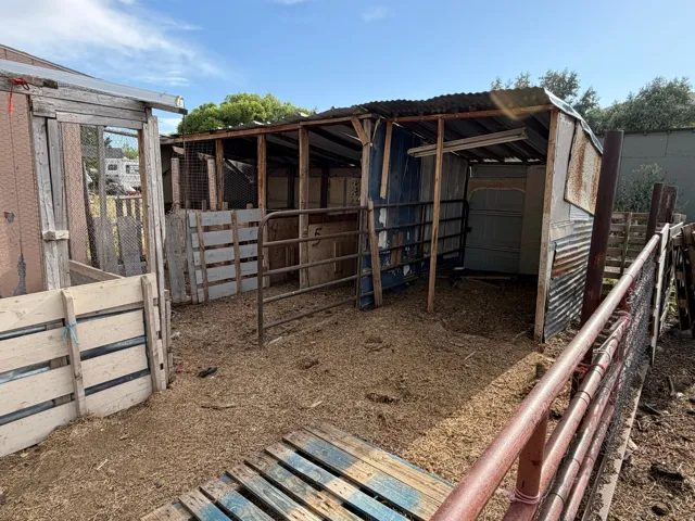 Outdoor animal enclosure with wood and corrugated metal construction, featuring metal gates and a dirt floor