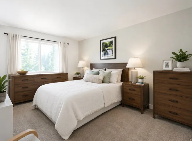 Neutral wall paint, plush carpeting, and a large window featuring natural scenery
