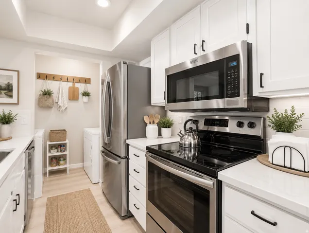 Contemporary kitchen featuring white cabinetry, stainless steel appliances, light-toned countertops, and wood-finish flooring