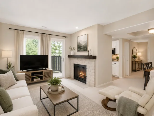 Living area featuring a stone-faced fireplace with a dark wood mantel, glass sliding doors opening to an outdoor space, and recessed lighting