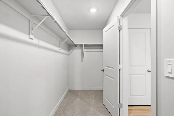 Walk-in closet featuring light-colored carpeting, white walls, and built-in white shelving with hanging rods