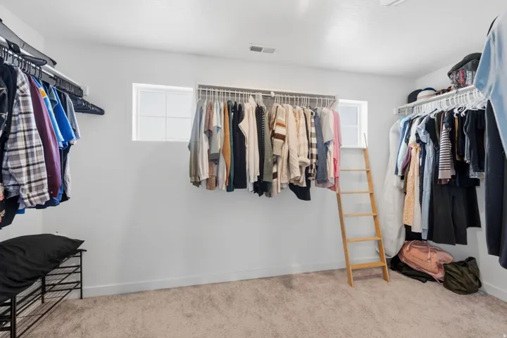 Spacious closet featuring white walls, light-colored carpeting, two horizontal windows, and multiple built-in shelving and hanging systems