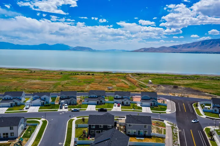 Aerial perspective showcasing a residential development with structured street layouts