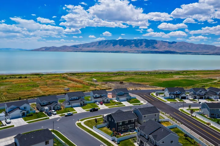 Aerial perspective showcasing a residential development with structured street layouts and individual properties