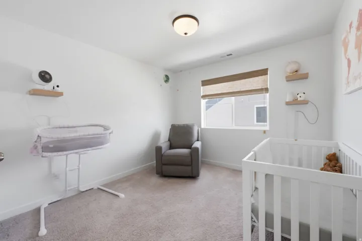 Carpeted room with a ceiling-mounted light fixture, a window with a woven Roman shade, and a light-colored wall finish