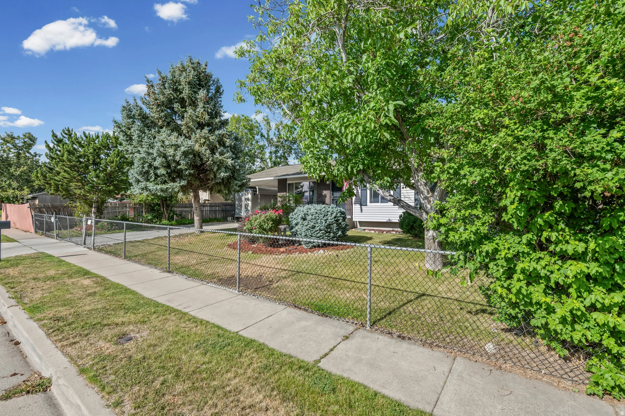 Residential property featuring a chain link fence, mature trees, and a landscaped front yard with decorative bark mulch