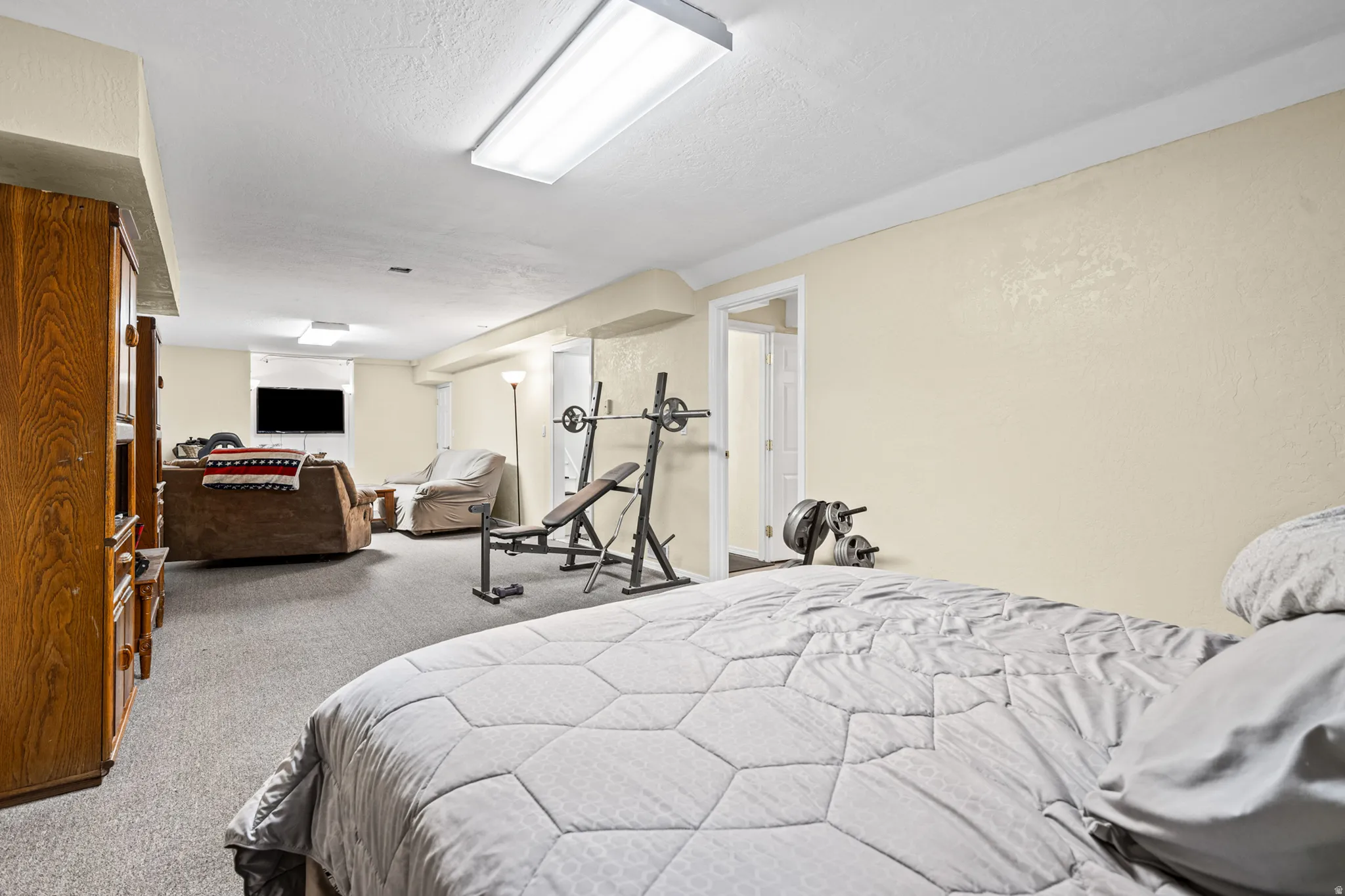 Lower-level room featuring neutral-toned walls, textured ceiling, recessed lighting, and carpet flooring