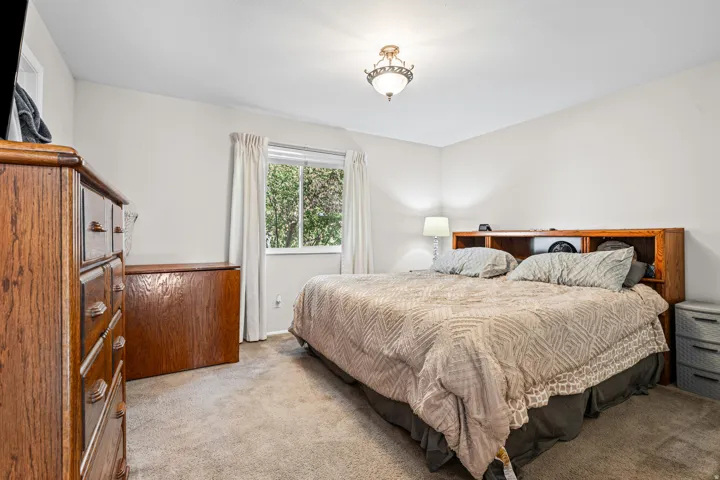 Carpeted bedroom with a single window and an overhead semi-flush mount light fixture