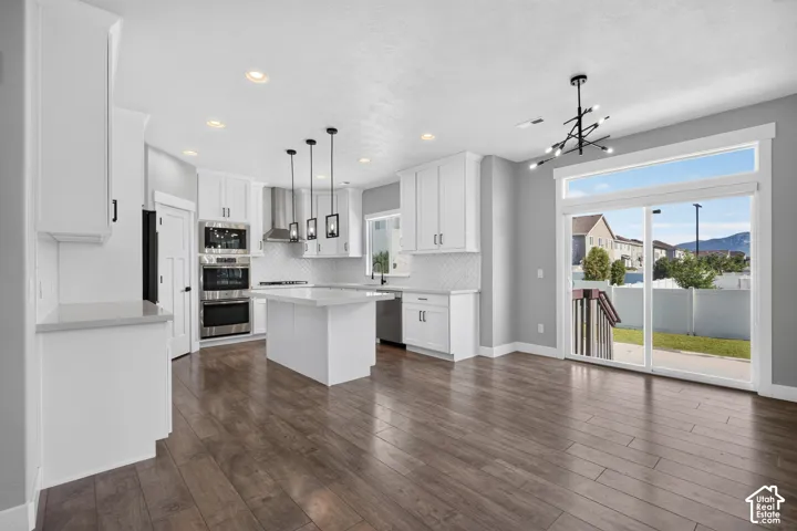 Kitchen with wood-finish flooring, white cabinetry, and stainless steel appliances