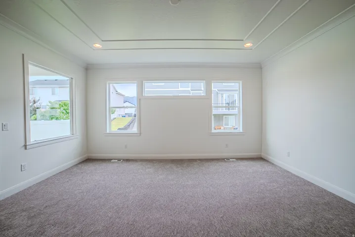Spacious room with tray ceiling, recessed lighting, white walls, multiple windows, and neutral carpet