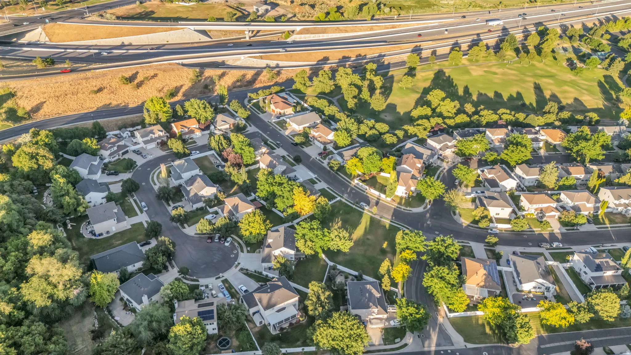 Residential neighborhood featuring a curvilinear street layout, mature tree canopies, and varied architectural styles