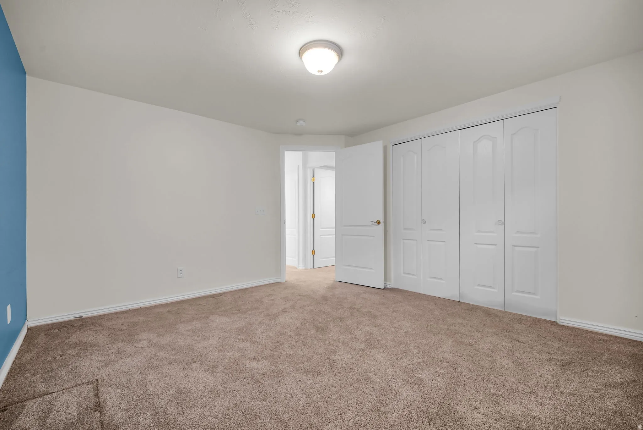 Room featuring neutral carpeting, white baseboards, and a white ceiling with a flush-mount light fixture
