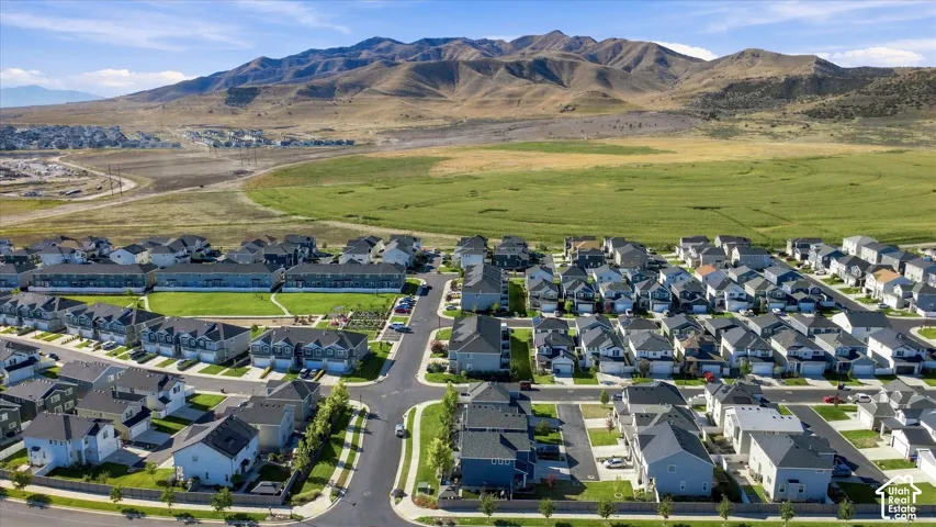 Residential development with varied architectural styles and established landscaping, featuring paved streets and a backdrop of expansive natural terrain