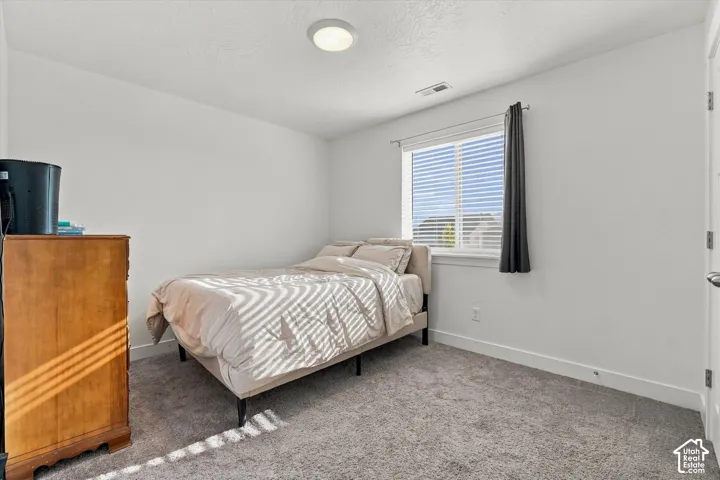 White walls, carpeted flooring, and a single window with blinds