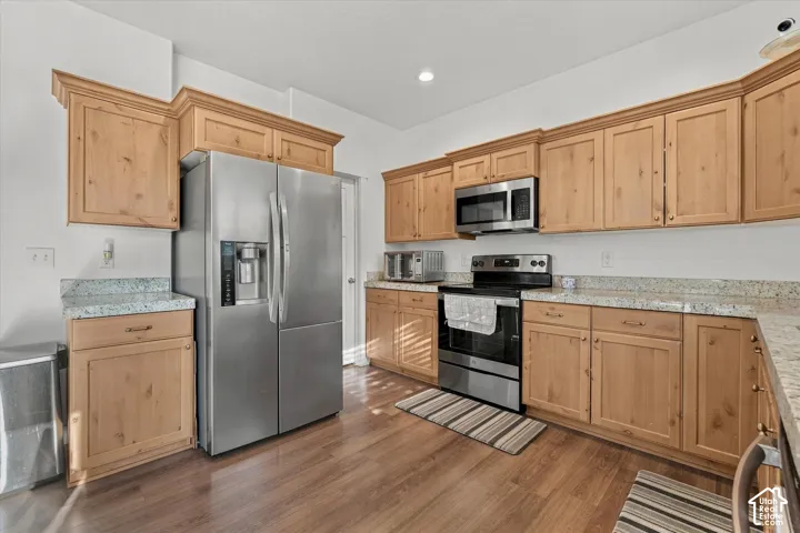 Wood-finish flooring, light wood cabinetry, stainless steel appliances, speckled countertops, and recessed lighting