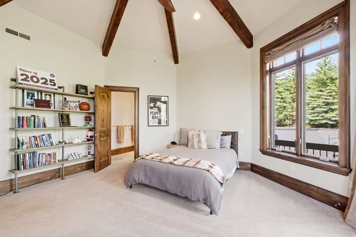 Vaulted ceiling with exposed wood beams