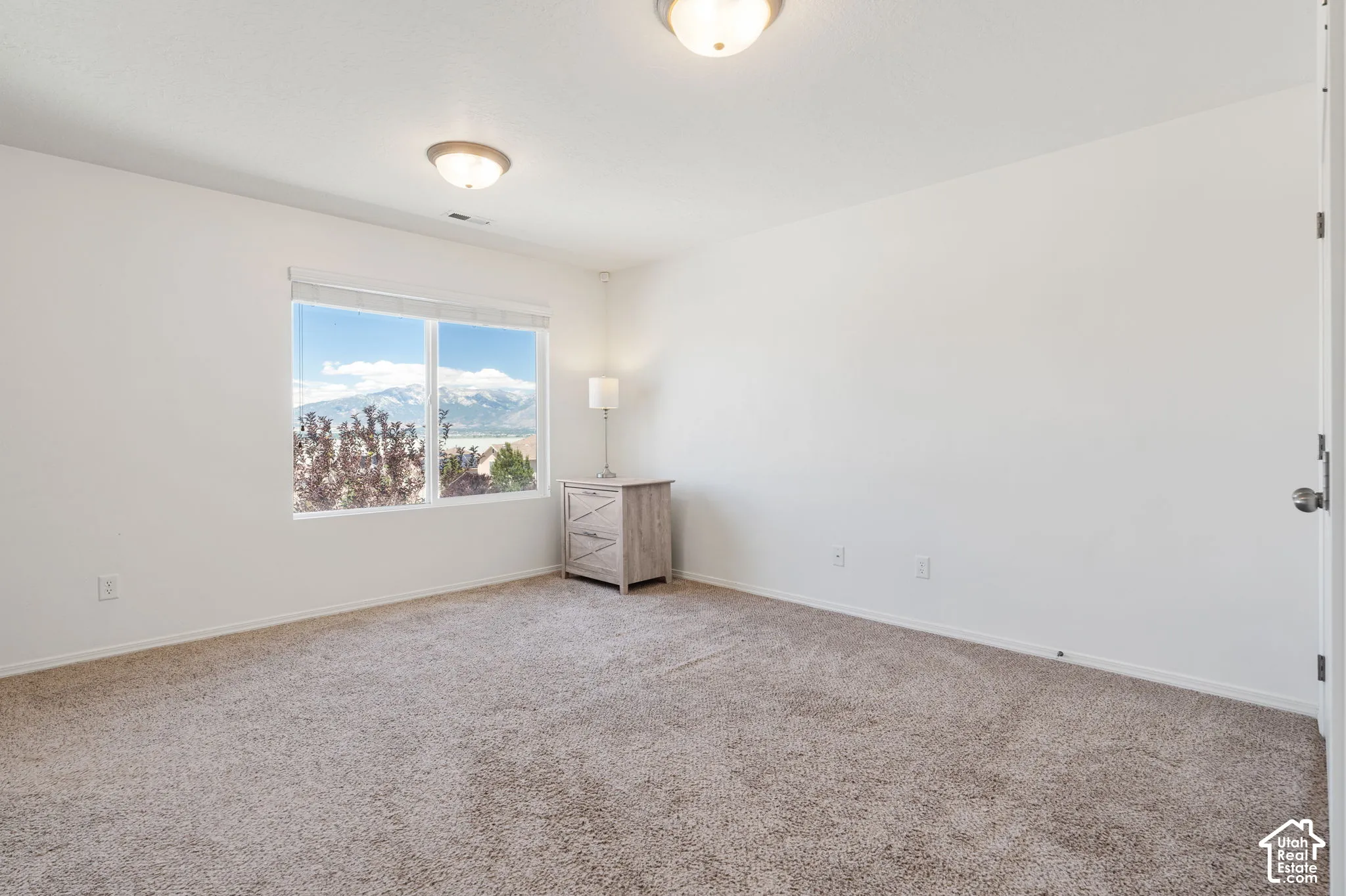 Bright room featuring a large window with mountain and lake scenery, neutral carpeting, and a flush mount ceiling light fixture